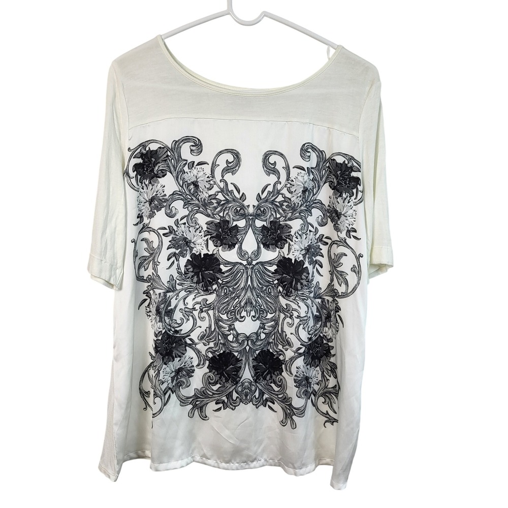 Apt 9 Womens XL Ivory Black Floral Scroll Blouse 3/4 Sleeve Lightweight Top